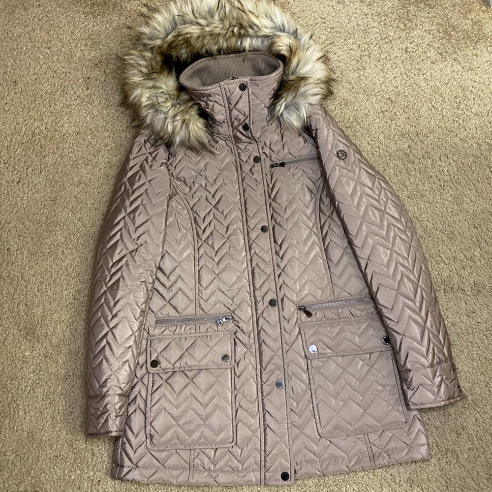 CALVIN KLEIN DARK BEIGE FAUX FUR HOOD QUILTED COAT